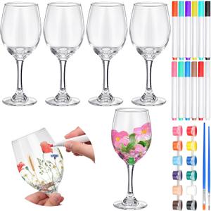 Pickmesh 4 Set Paint Your Own Glasses Kit for Adults 15 oz Wine Glass 12 Pcs DIY Markers 12 Colors Acrylic Paint with Brushes to Design Your Own Wine Glasses Gifts (High Feet)