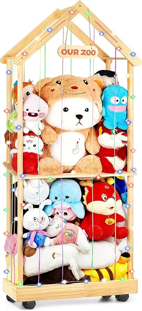 Stuffed Animal Storage Toy Storage Organizer – Doodleable Wooden Stuffed Animal Holder with LED Light, 360° Swivel Wheels for Nursery Playroom Bedroom Kids Room