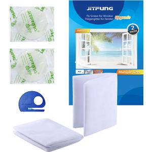 DIY Window Screen Curtain, 2 Packs of Mesh Netting 51 * 61 inches with [Upgrade] Self-Adhesive Hook Tapes & Cutter, Suitable for Multiple Windows, White (Set of 2), 130*155cm