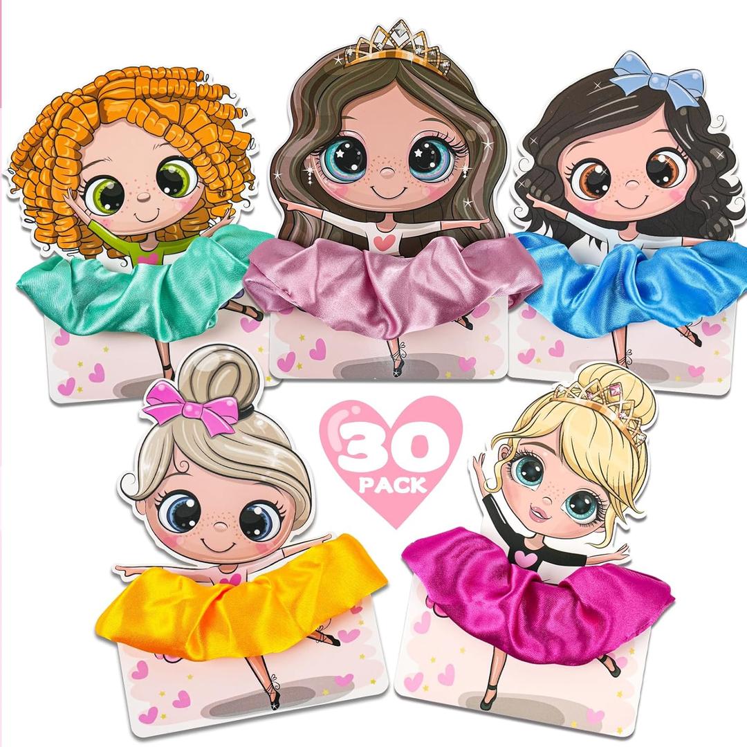 3 x Valentines Day Gifts for Girls 30 PACK Dance Ballet Girl Valentine Cards and Scrunchies, Exchange Classroom Gift for Students, Ballerina Rave Trinkets for Kids, Girl Birthday Return Gifts