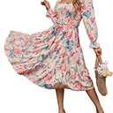 Amegoya Women's Square Neck Long Sleeve Pink Floral Midi Dress Ruffle Tiered Boho Flowy Smocked Maternity Dress(Flower Purple XL)