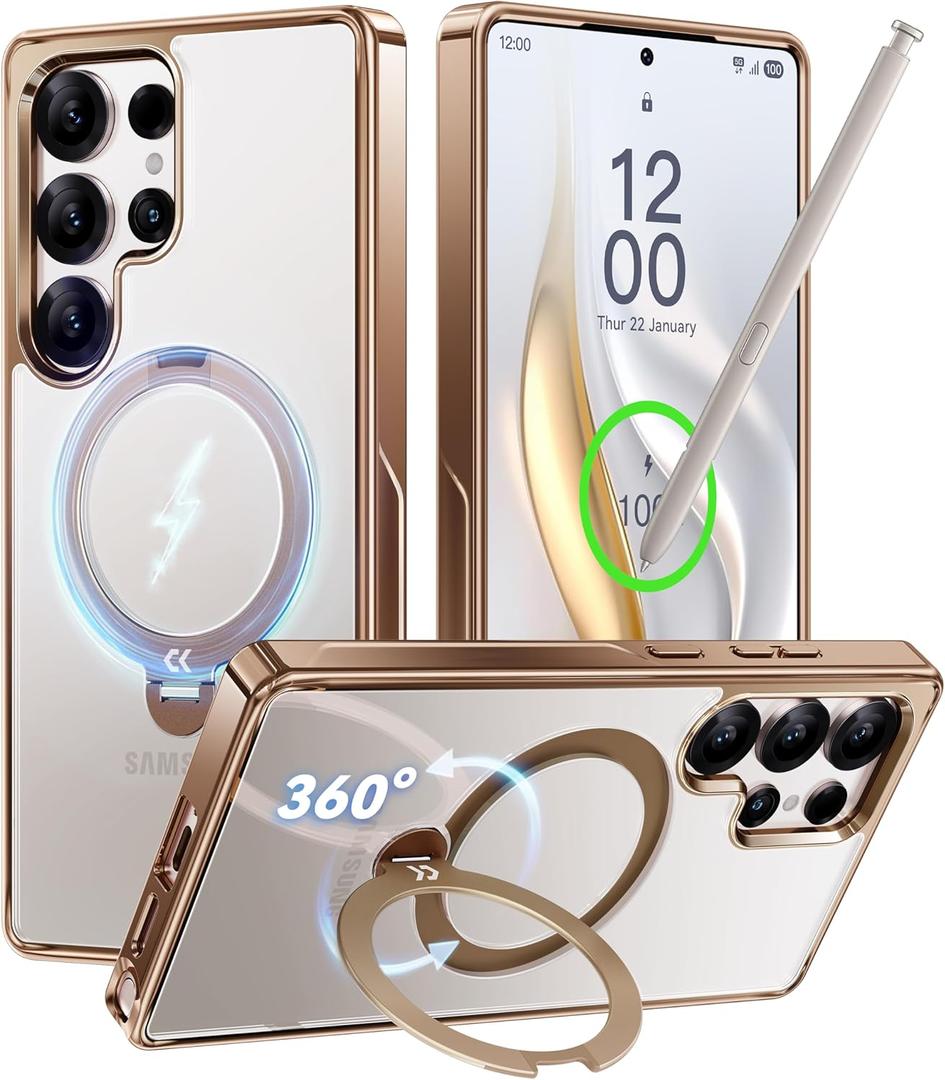 CASEKOO Titanium Gold 360 Spin Magnetic Stand for Samsung Galaxy S25 Ultra Case, 16FT Military Protection, Fit for MagSafe, Protective Polish S25 Ultra Case with Kickstand Ring 6.9"