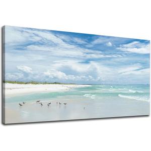 NINEASO Sea Beach Canvas Wall Art Aqua Ocean Pictures Nature Wall Decor Coastal Seagulls Prints Modern Seascape Painting Artwork for Living Room Bedroom Office Wall Decoration 24" x 48"