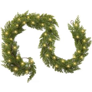 9 Ft Real Touch Cedar Garland for Mantle Table Setting Fireplace, Outdoor Indoor Artificial Greenery Christmas Garland for Staircase Front Door Porch Wall Home Decoration (Battery NoT Included)
