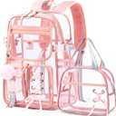 Bevalsa Clear Backpack for Girls, Transparent Backpack with Lunch Bag for Kids Elementary Middle High school Student, Heavy Duty See Through Clear Bookbag Stadium Approved (Pink)