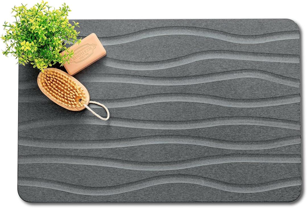 Stone Bath Mat, Non-Slip Natural Diatomaceous Earth Bath Mat, 23.5" x 15.5" Super Absorbent Quick Drying, Multifunctional Bath Stone Mat, Easy to Clean, Graphite Grey-River