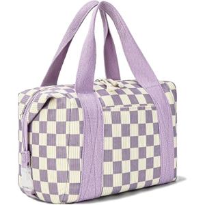 HowFly Corduroy Insulated Lunch Bag for Women - 8.8L Reusable Thermal Lunch Box Cooler Tote Bags with Pockets for Work School Travel, Purple-Beige Check