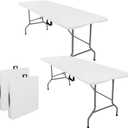 Set of 2 Folding Tables with Carrying Handle Lightweight Rectangular Portable Plastic Camping Table Steel Legs for Party, Dining, Wedding, Events, Picnic Indoor, Outdoor (6FT, White)
