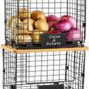 2 Set XL Stackable Wire Basket with Bamboo Tops & Tags- Pantry Organizer and Storage Bins, Kitchen Counter Cabinet Shelf Countertop Under Sink Organizing, Food Snack Produce Onion Potato Bread Storage