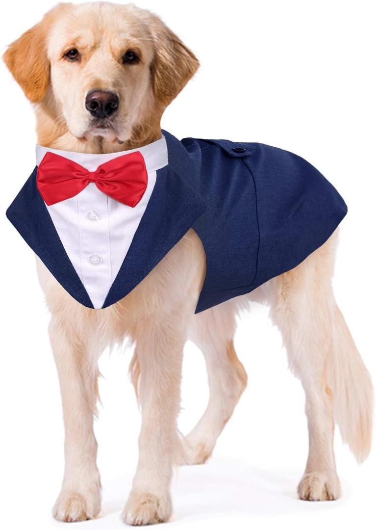 Kuoser Dog Tuxedo Dog Suit and Bandana Set, Dogs Tuxedo Wedding Party Suit, Doggy Prince Bow Tie Shirt Formal Pet Wedding Attire for Large Medium and Small Dogs Golden Retriever Samo Bulldogs (Large (pack of 1), Blue)