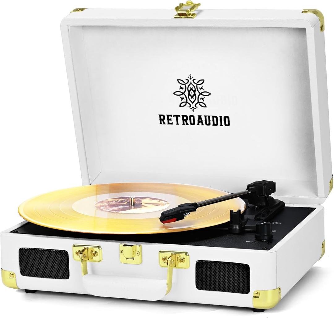 Vinyl Record Player 3-Speed Bluetooth Portable Suitcase Belt-Driven Record Player with 2 Built-in Stereo Speakers Vinyl Vintage Turntable Phonograph Records Player with RCA Line Out, AUX Out (White)