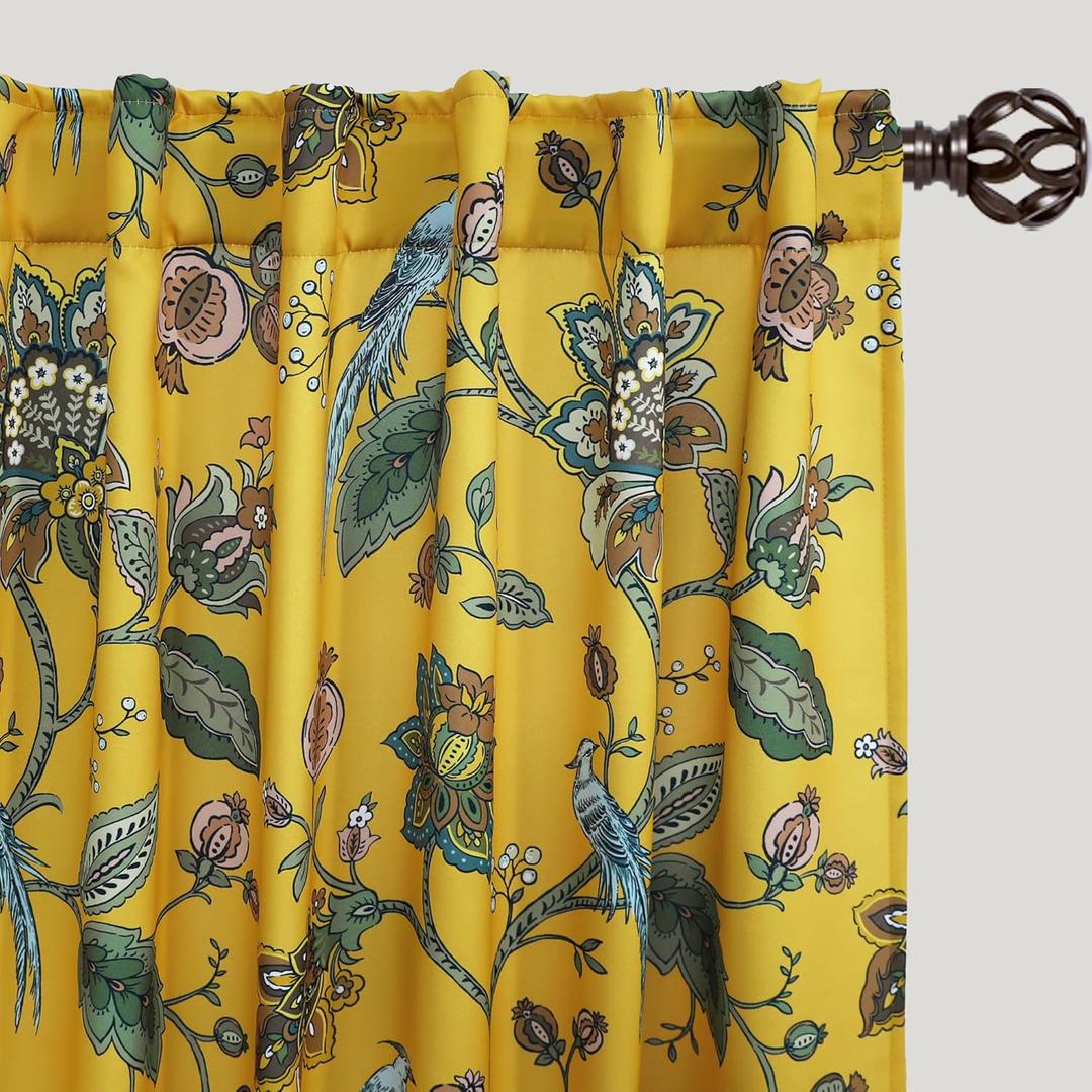 Mustard Yellow Retro Floral Curtains, Fun Colorful Spring Drapes for Living Room, Back Tab Rod Pocket Blackout Pretty Boho Botanical Blue Bird Patterned Window Panels for Bedroom Sunroom, 84 Inch Long (50"W x 84"L (Pack of 2))