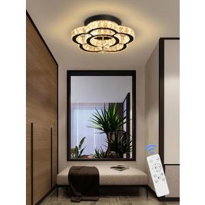 Flashing God W16'' Mini Chandelier Flush Mount Chandelier for Hallway, Crystal Ceiling Chandeliers for Dining Room, Bedroom, Living Room, Entryway,Kitchen (Black Crystal Ceiling Light Fixture)