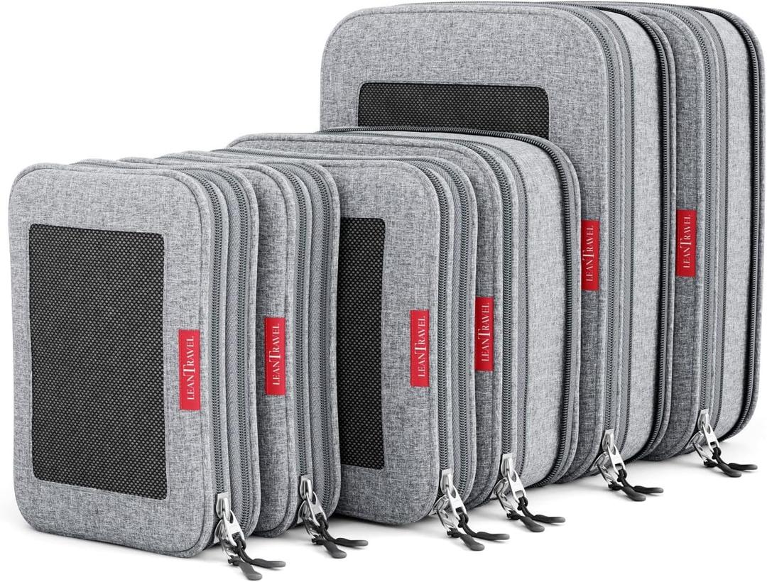 LeanTravel Premium Compression Packing Cubes for Travel - Suitcase Organizer Bags with Double Zipper & Breathable Mesh Panel - Space Saving Carry On Luggage Essentials (6-Pack, Grey)