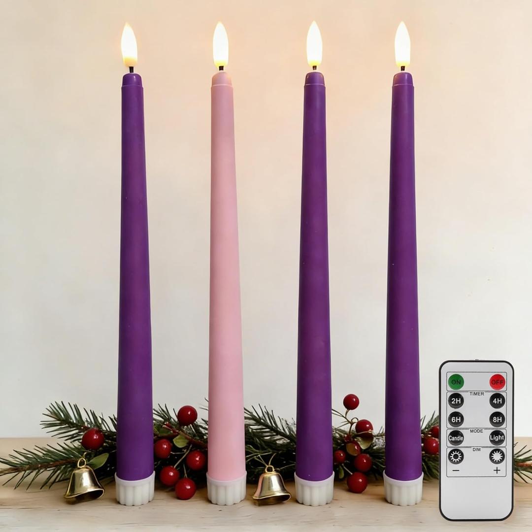 Advent Flameless Taper Candles with Remote, Flickering Pink Purple Christmas LED Candlesticks Battery Operated Set of 4