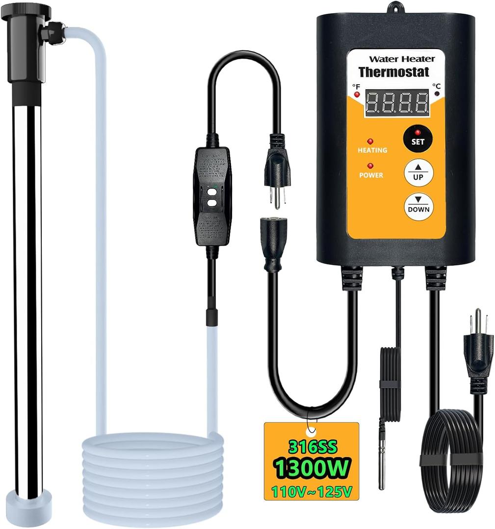 1300W 110-120V Submersible Immersion Water Heater - Portable Bucket Heater for Hot Tubs/Bathtubs/Small Pools, 316SS GFCI Leakage Protection Plug Water Heater with Adjustable Temp & Rustproof