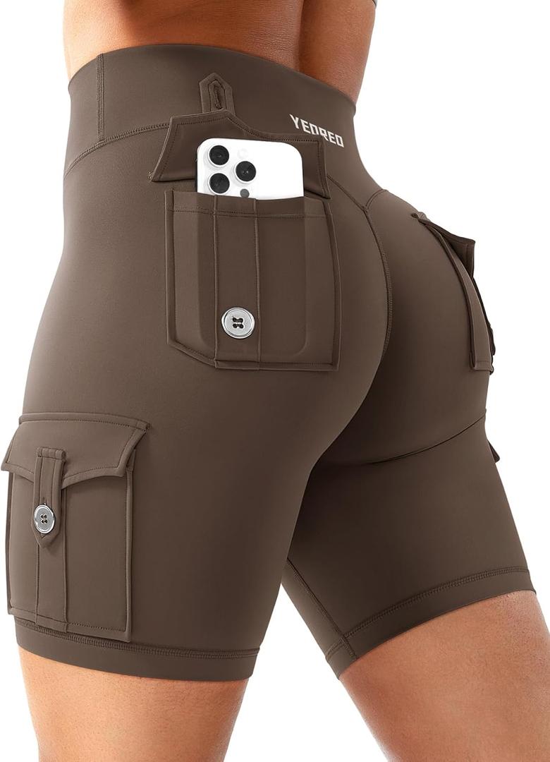 YEOREO CoreFlex Women Workout Biker Shorts with Cargo Pockets Hidden Scrunch High Waisted 8" Inseam Gym Shorts (Medium, Coffee)
