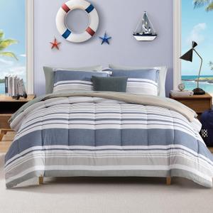 AMBERSPACE Twin XL Comforter Set Striped, Sea Blue Bedding Set 5 Pieces for Boys Girls Teen, All Season Bed in a Bag for Dorm with Sheets, Pillowcase & Sham