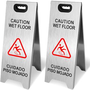 2 Pack Stainless Steel Wet Floor Sign, 24 Inch Caution Wet Floor Sign Portable Foldable Bilingual Safety Warning for Hotel Market Restroom Restaurant Office (Silver)