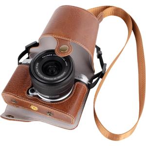 VOVMOEYA Protective Camera Case for Fujifilm XM5 Mirrorless Camera,Fuji X-M5 Camera Case Fuji XM5 Half Case With Front Cover With Shoulder Strap Full Protection Snap Button-COFFEE