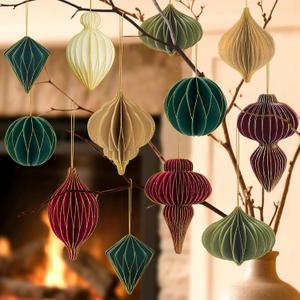 24Pcs Christmas Paper Honeycomb Ornaments for Tree, 3D Glitter Edge Paper Honeycomb Lanterns Foldable Neutral Hanging Decorations for Xmas Tree New Year Holiday Party Home Decor, Red Green Beige (Colorful)