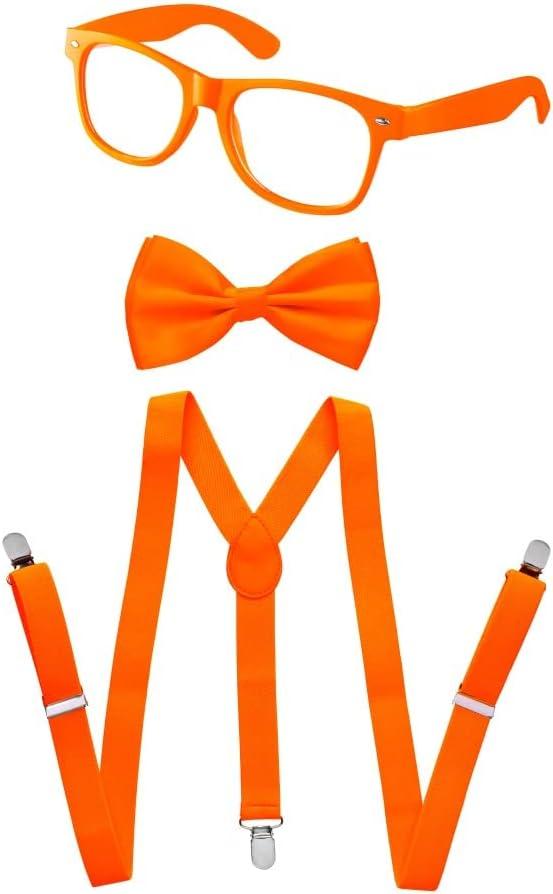 Dress Up America Neon Suspender, Bow-tie, Sunglasses, Accessory Set - Adult and Kids Size Suspenders (Orange)