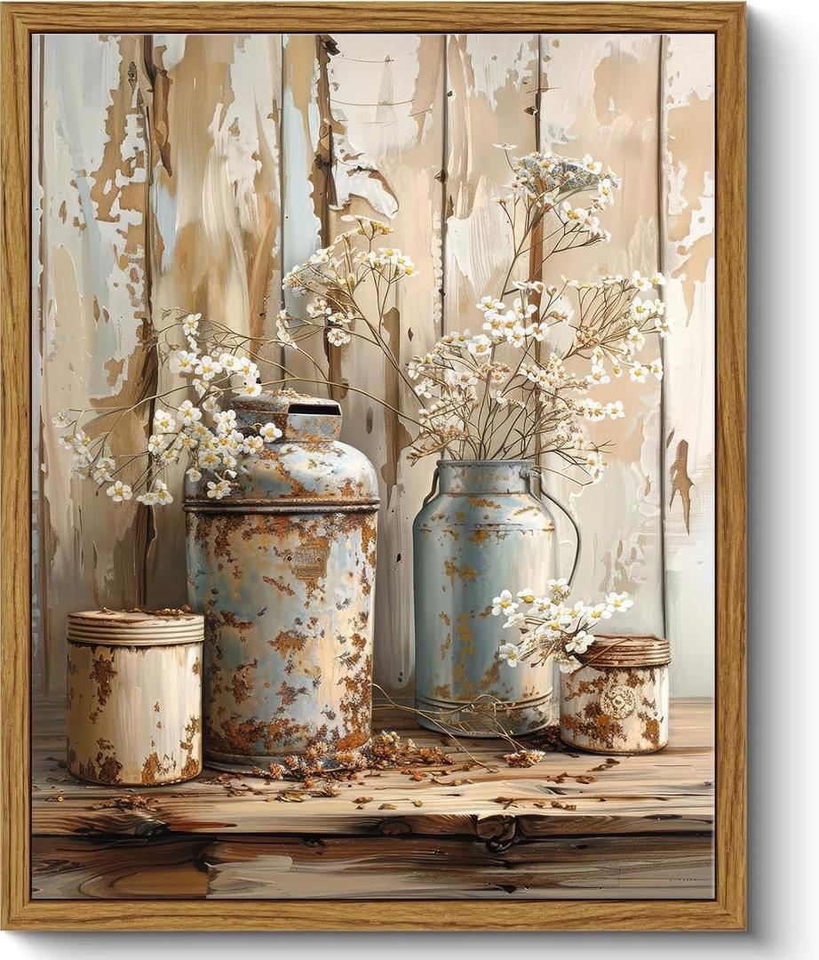 Qenundme Framed Rustic Farmhouse Floral Canvas Wall Art Florals in Rusty Cans Print Posters Vintage Country Flower Still Life Pictures Paintings Prints for Bathroom Bedroom Living room Decor 16X24in