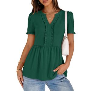 MEROKEETY Women's Summer Peplum Tunic Blouse 2026 Babydoll Tops Ruffle Short Sleeve V Neck Casual Loose T Shirts (Green, S)