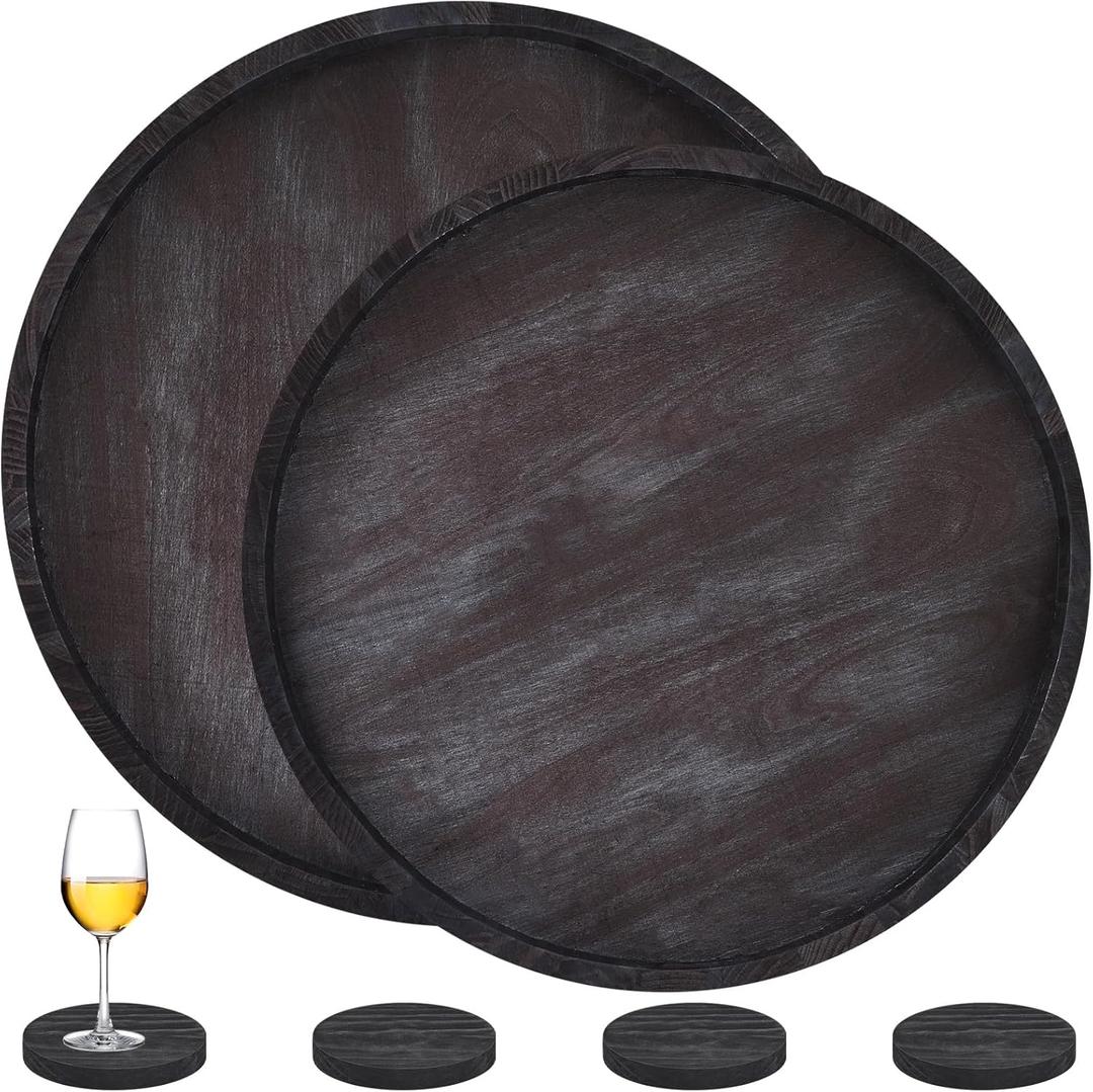 Suzile 2 Pcs Extra Large Round Ottoman Serving Tray with Handle 23" 21" Black Rustic Wooden Serving Tray with 4 Coasters Heavy Duty Round Charcuterie Board Decorative Organizer Tray for Home