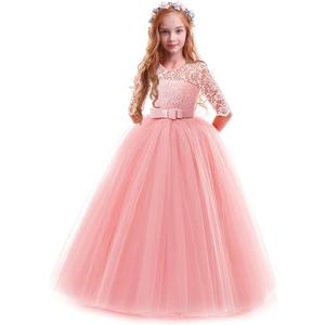 Girls Flower Vintage Floral Lace 3/4 Sleeves Floor Length Dress Wedding Party Evening Formal Pegeant Dance Gown (5-6 Years, Pink)