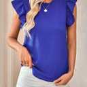 WDIRARA Women's Ruffle Cap Sleeve Blouse Shirts Frill Trim Crew Neck Tops (Blue, L)