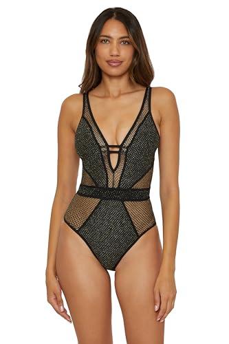 BECCA Color Play - Women's One Piece Swimsuit, Plunge Neck, Crochet, Bathing Suits for Women, Black, Medium