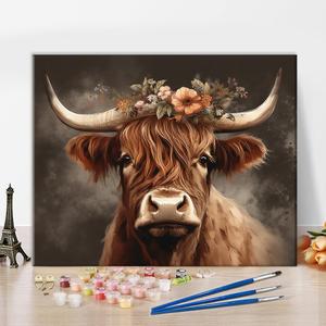 TUMOVO Cow Paint by Numbers for Adults Farm Animal DIY Arts Craft Beginner Highland Cattle with The Flower Paint by Number Kit Oil Painting Paint by Number Kits On Canvas 16"x20"