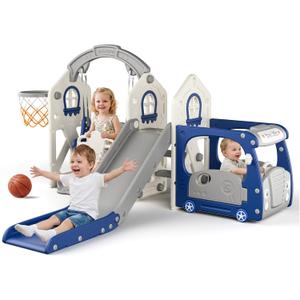 BIERUM 5-in-1 Bus Themed Toddler Slide Swing Set for Kid 1-3 Home/Backyard, Blue&Gray