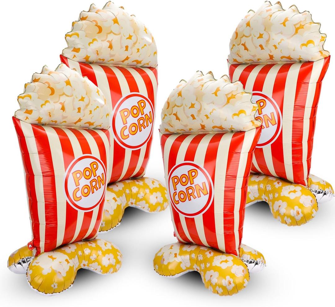 4pcs 60" Giant Popcorn Balloons, 3D Standing Foil Balloon Decorations for Carnival Circus Theme Movie Night Birthday Baby Shower Popcorn Bar & Cannes Party Decor