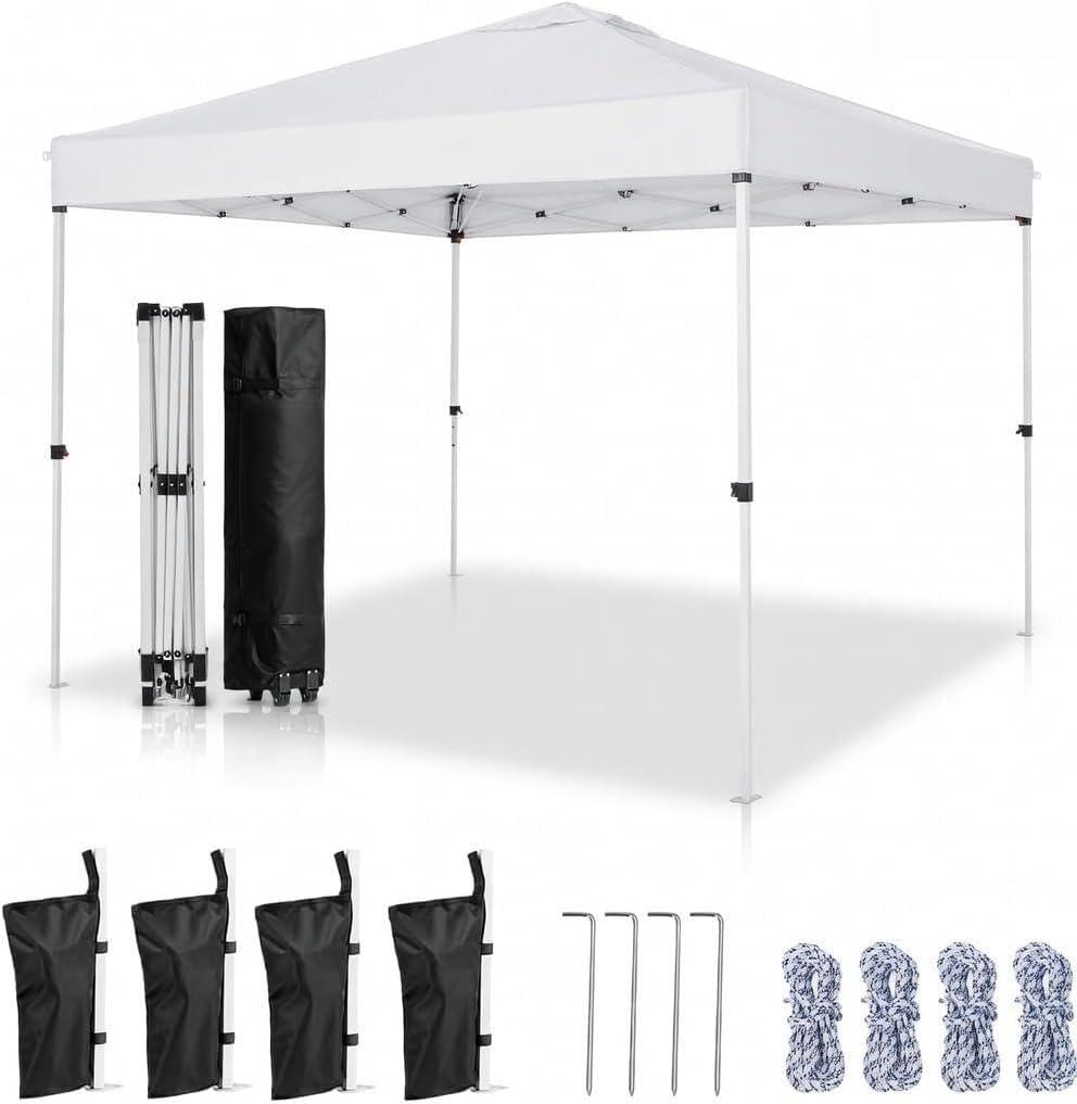 10x10 Pop Up Canopy,Event Tent One-Person Setup, Waterproof & UV-Blocking, Heavy-Duty Steel Frame, Wheeled Bag & Sandbags Outdoor Shade for Beach, Camping, Backyard, Tailgate (White)