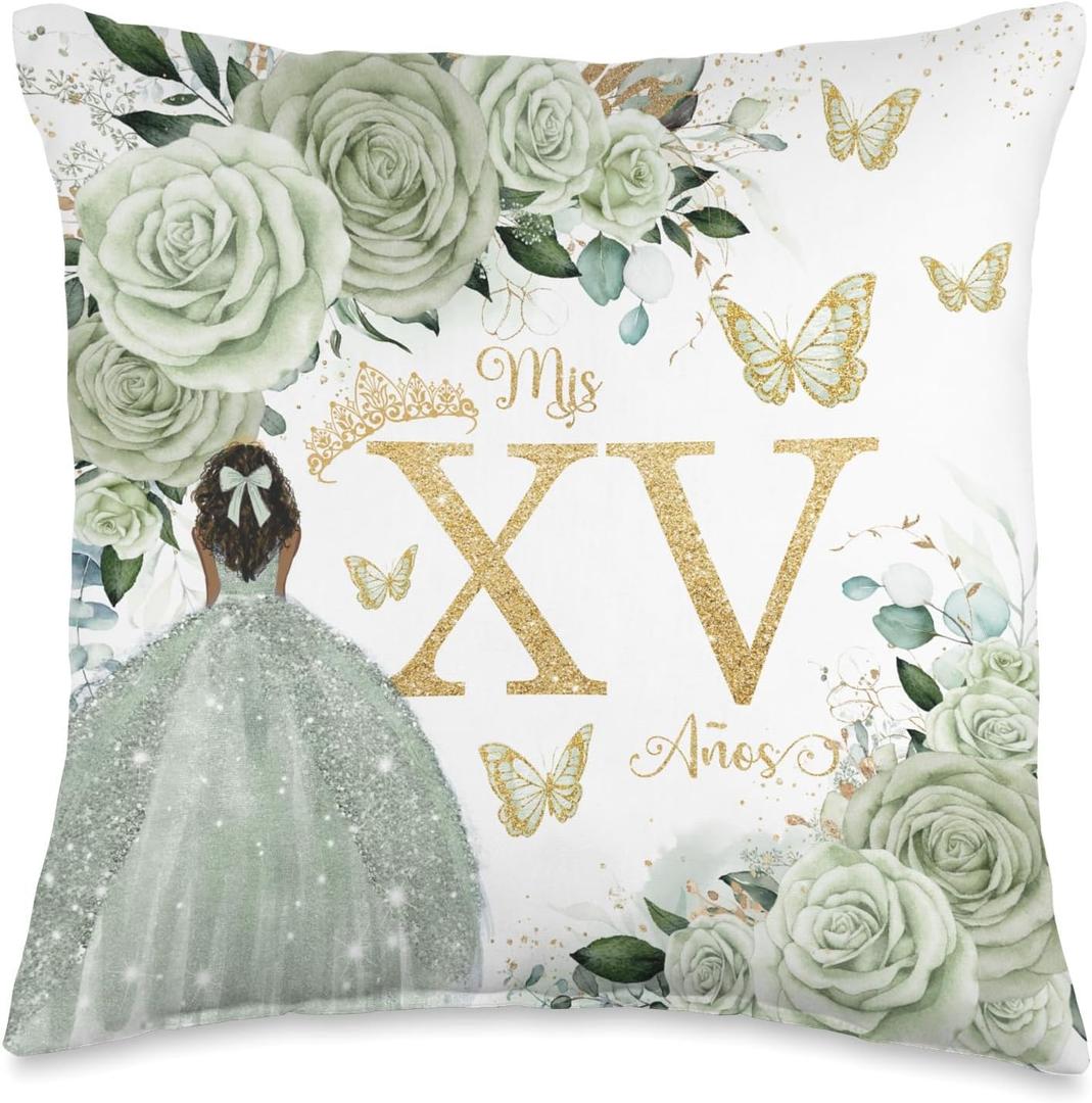 Sage Green Floral Brown Princess Quinceaera Mis XV Aos Throw Pillow (16x16)