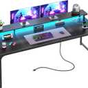 PRAISUN 63 inch Gaming Desk, LED & Power Outlets, Monitor Stand, Black