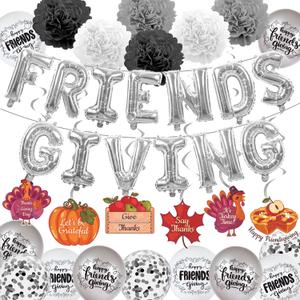 Friendsgiving Decorations, Friendsgiving Balloons Set, Thanksgiving Thankful for You Balloons for Thanksgiving Fireplace Wall Party Supplies (Silver)