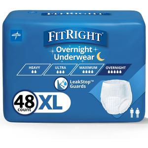 FitRight Overnight Unisex Extra Large Underwear, (56-68 in Waist) 48 Count (4 Bags of 12), Maximum All Night Disposable Incontinence Protection, Pull-On Absorbent Underwear for Men and Women