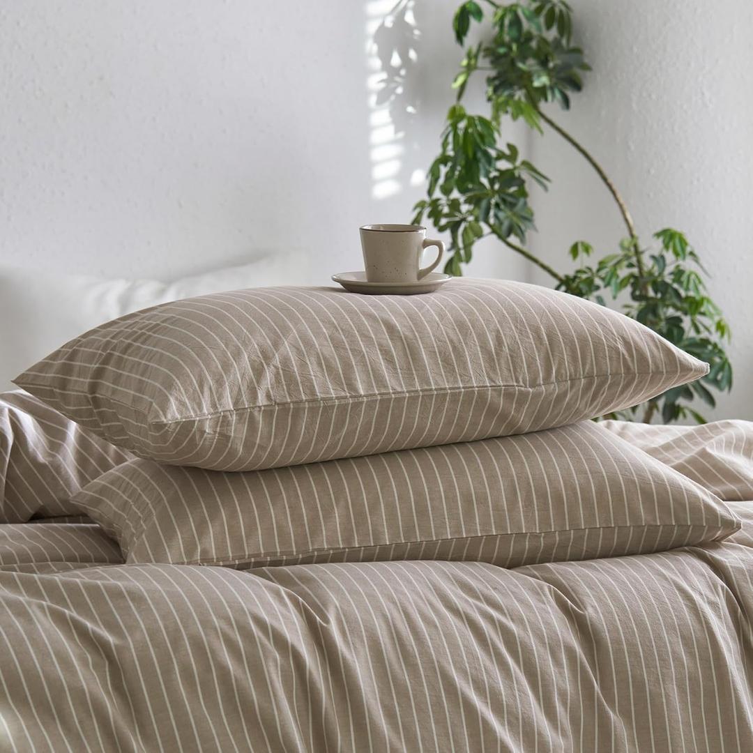 MooMee Bedding Pillowcases Striped Pack of 2 100% Washed Cotton Linen Like Textured Breathable Durable Soft Comfy (Tannish Linen Grey White Wide Stripes, Queen)