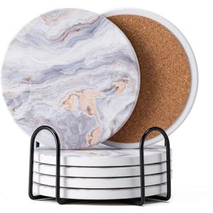 Hoewina 6Pcs Drink Coasters with Holder, Marble Style Ceramic Drink Coaster, Absorbent Coasters Set Suitable for Kinds of Cups, Modern Style Coasters for Coffee Table, 4 InchesStyle 8