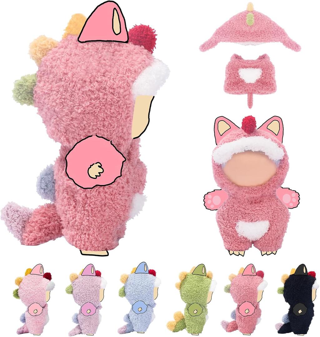 Clothes for LABUBU 17cm Doll (NO Dolls), Dinosaur Outfit for LABUBU, Dino Dolls Keychain Accessories, Faking Animal Style Outfit Jumpsuit Dinosaur Costume for LABUBU (Rose Red)