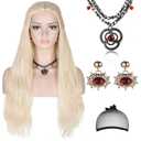 morvally Young Princes Costume Wig for Women with Necklace and Earrings Long Blonde Braided Middle Part Synthetic Wig for Cosplay Halloween Party (Blonde Style 2)
