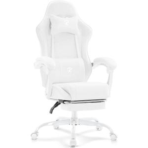 White Gaming Chair,Computer Office Chair with Footrest,Massage Lumbar Support and Gel Pad,Ergonomic Reclining Adjustable Leather Gamer Chair with Headrest and Spring Cushion White, 27.5 inches x 27.5 inches x 47 inches