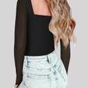 Chunpin Women's Square Neck Bodysuit Ruched Top Mesh Long Sleeve Bodysuits Thong Body Suits Leotard Shirt Going Out S