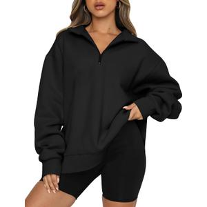 Trendy Queen Women's Oversized Half Zip Fleece Sweatshirts-Cozy Pullover, Drop Shoulder for Fall Winter (Black, M)