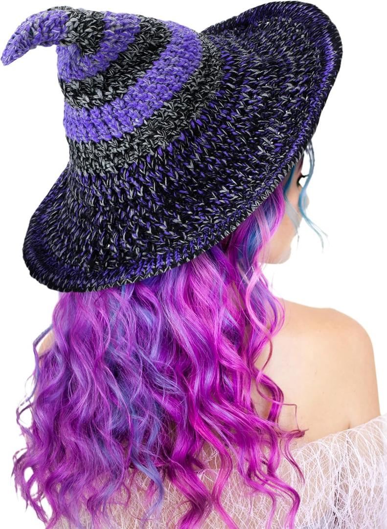 Halloween Knitted Witch Hat Women Crochet Witch Purple Wizard Hat Handmade Halloween Costume Masquerade Party Cosplay Accessory
