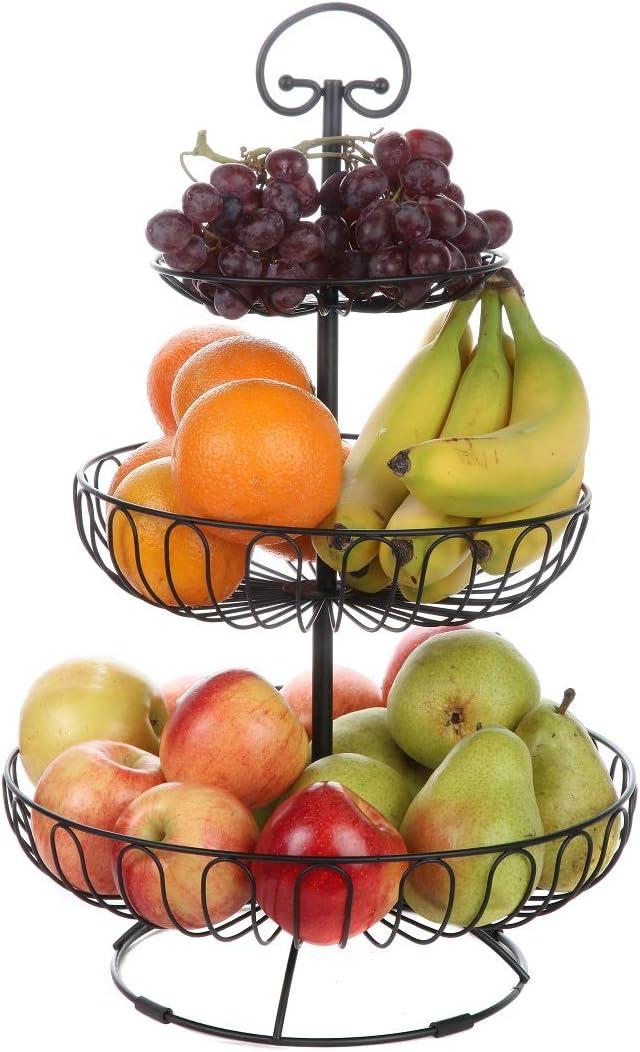 Lily's Home Wire Fruit and Vegetable Holder, 3-Tiered Fruit Basket, Kitchen Accessories - Black