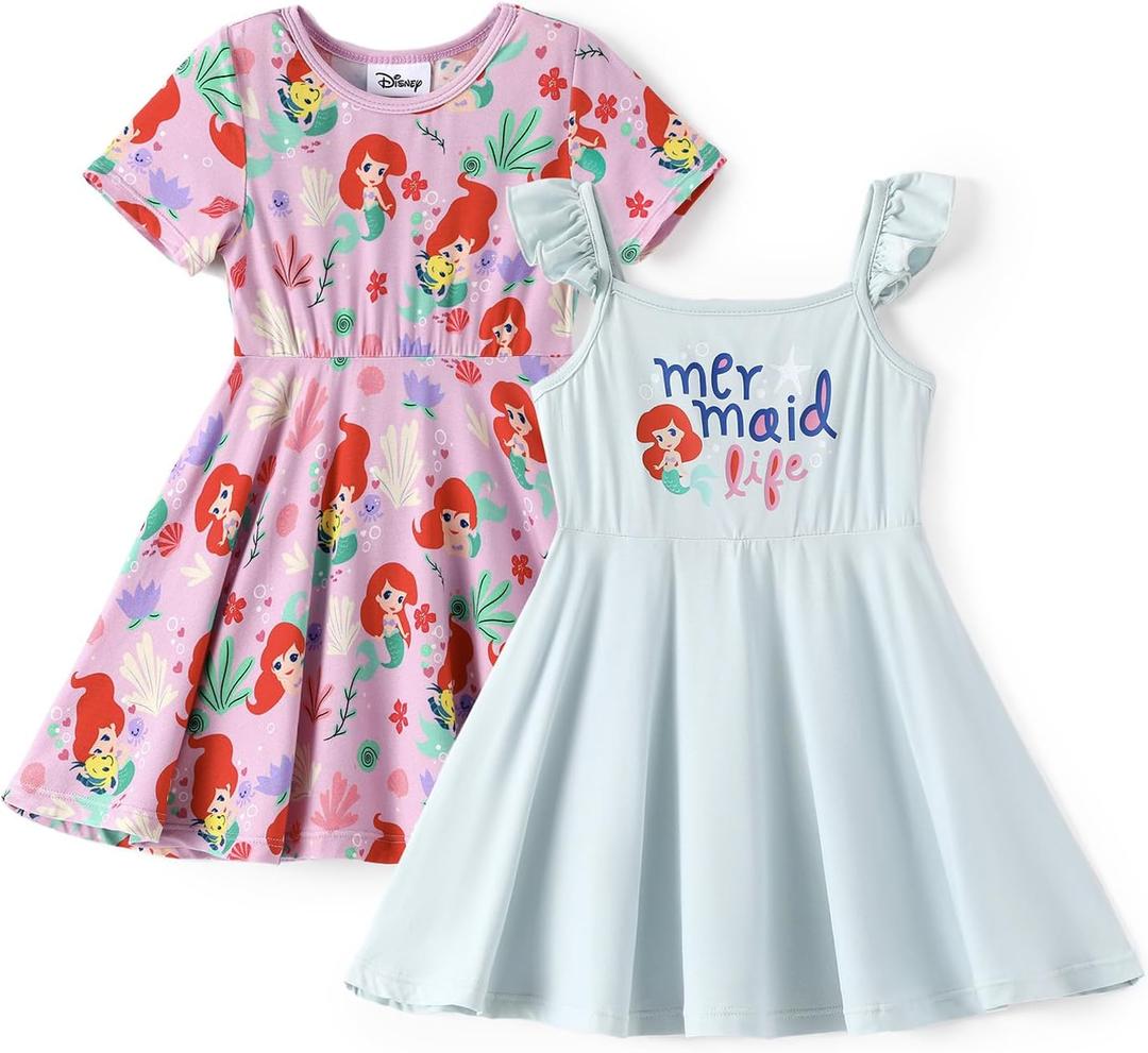 Disney Frozen Princess Stitch Minnie Girl Dresses 2 Pack Ruffle Short Sleeve Soft Bamboo Viscose Summer Outfit Baby-Toddler (4-5T, Ariel-pink)